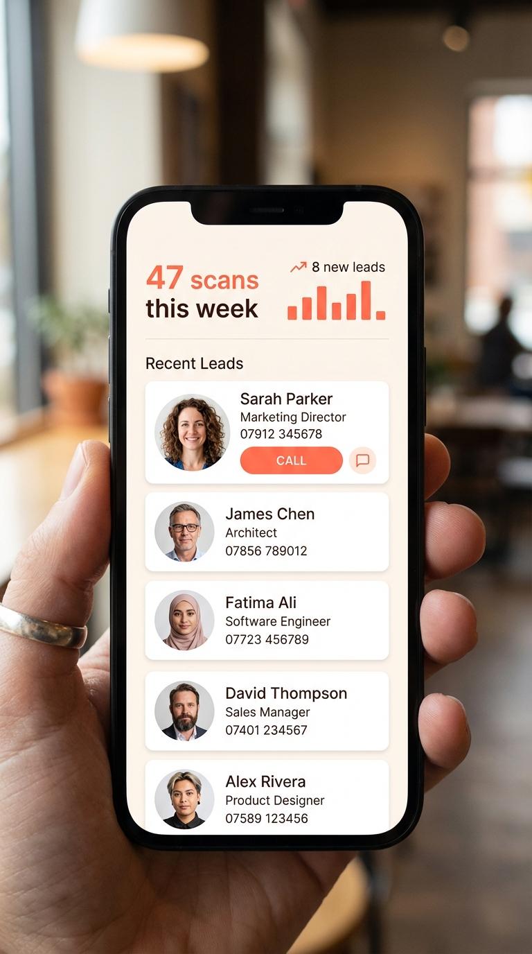 Phone showing lead capture dashboard