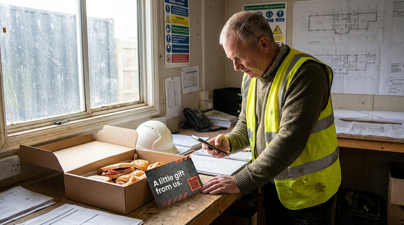 Builder scanning a bag drop card on a construction site