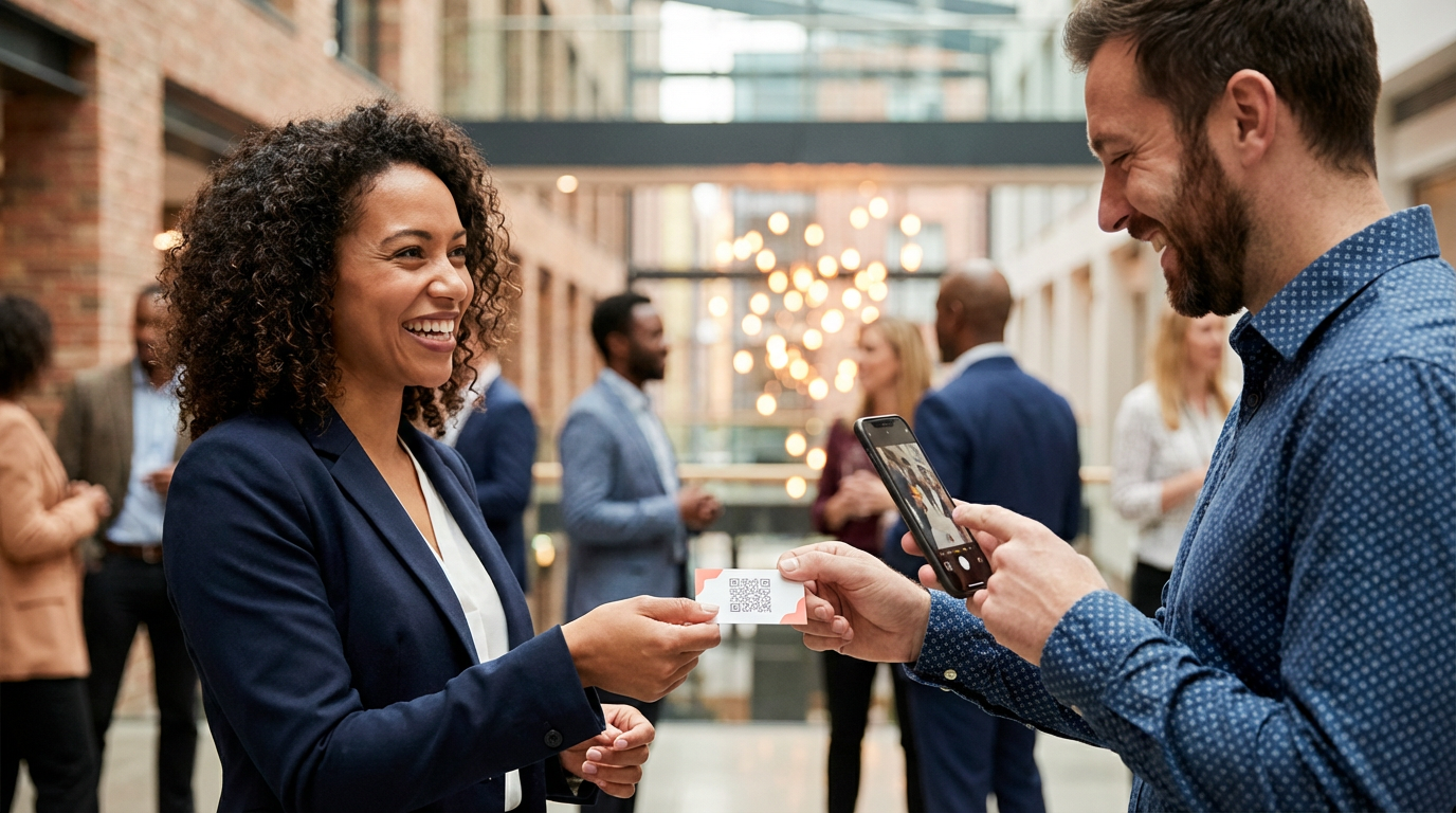 Professional handing over a Peppd business card at a networking event