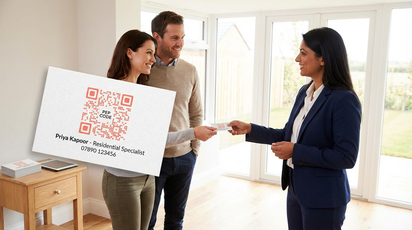 Estate agent showing a property with a Peppd card for buyers