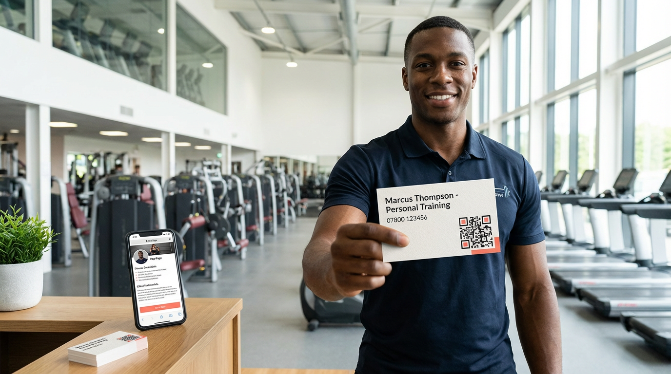 Personal trainer at the gym with a Peppd business card